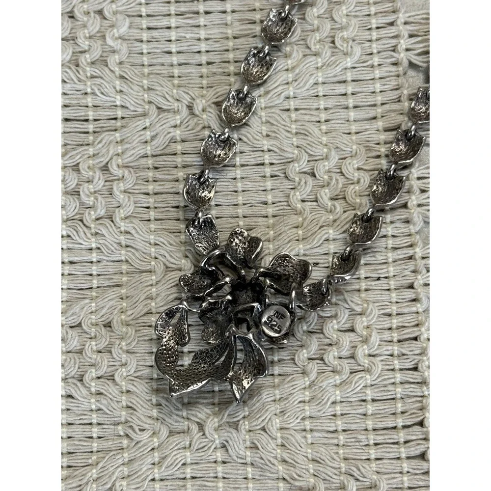 Vintage .925 Sterling Silver Marcasite Flower Pendant Choker 17" Necklace NF - Picture 5 of 10